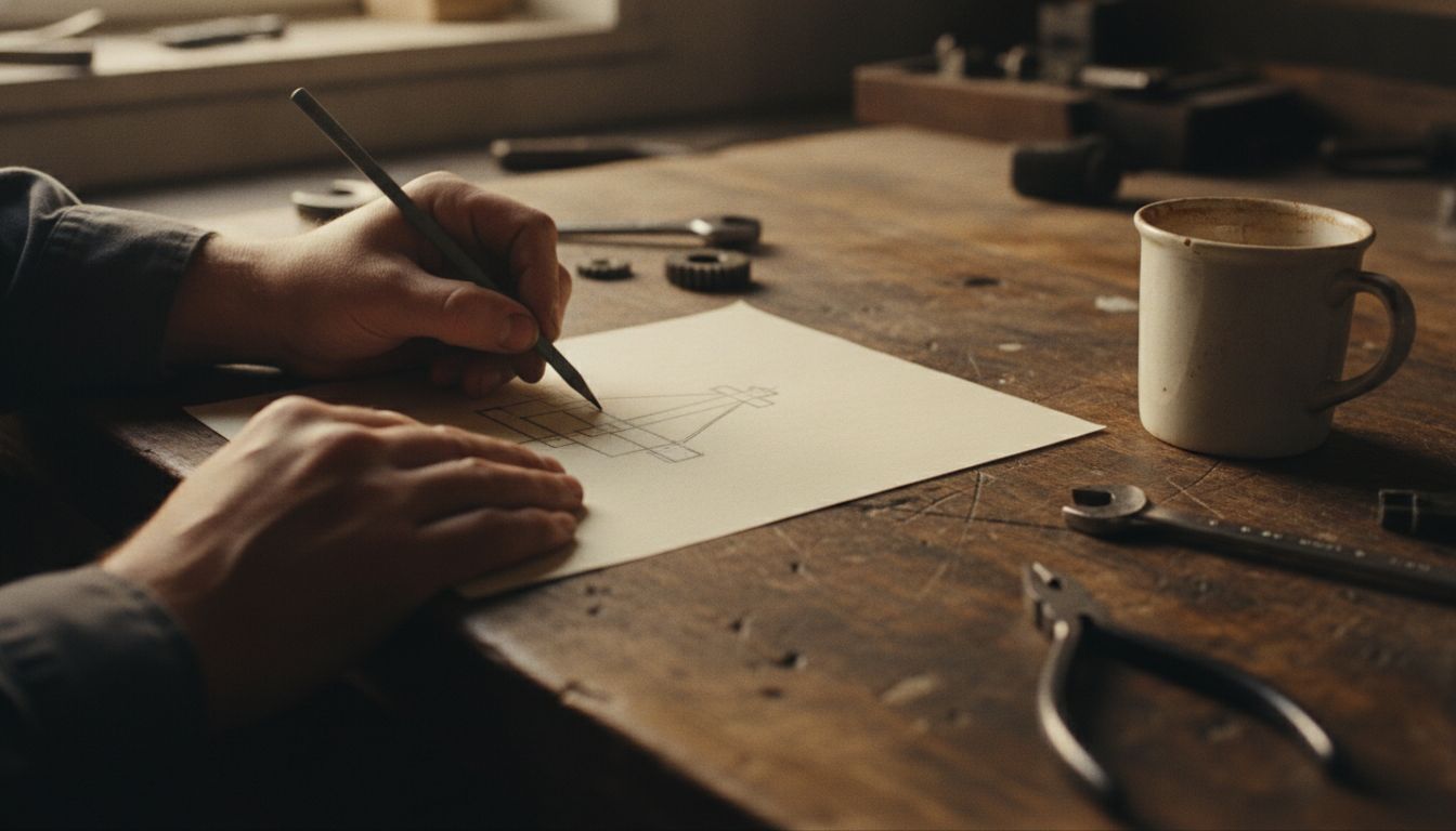 Premier croquis d'un outil dessiné à la main sur un établi