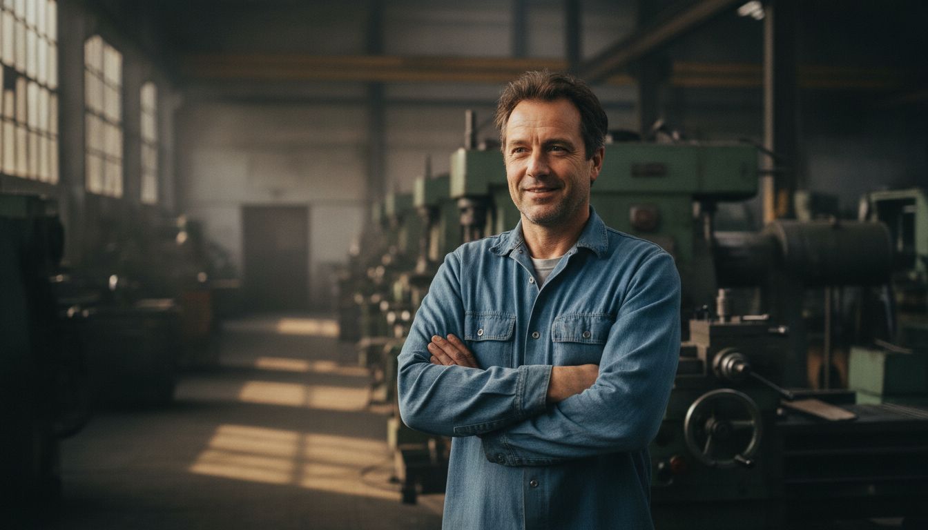 Fondateur d'Indusiax, bras croisés, dans son atelier de mécanique industrielle