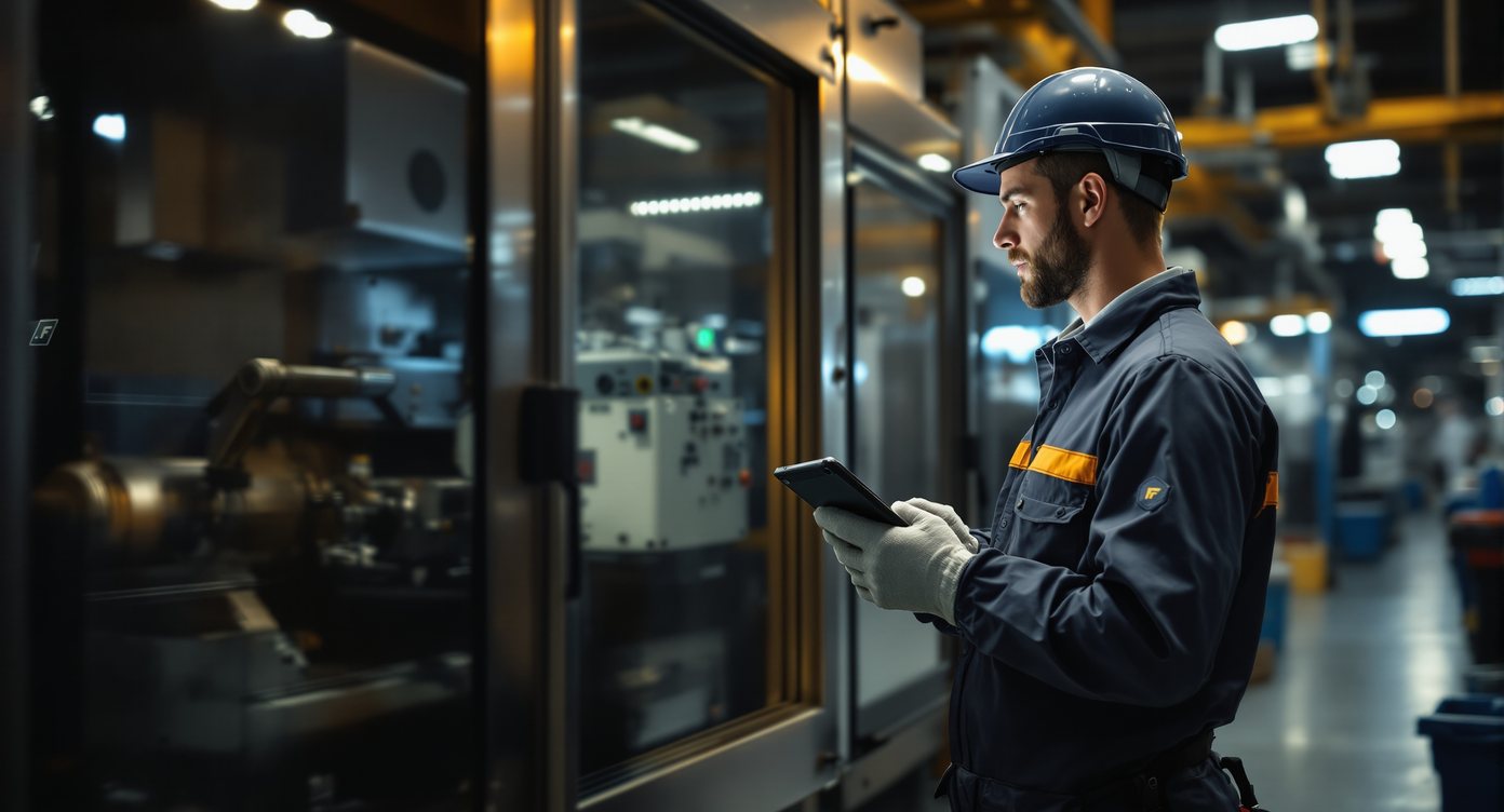 Technicien de maintenance en tenue de travail devant une machine industrielle, tablette durcie à la main