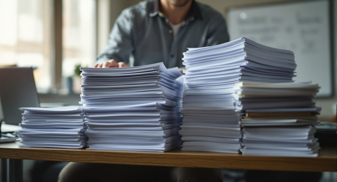 Responsable maintenance triant une pile épaisse de rapports d'intervention papier sur son bureau en fin de journée