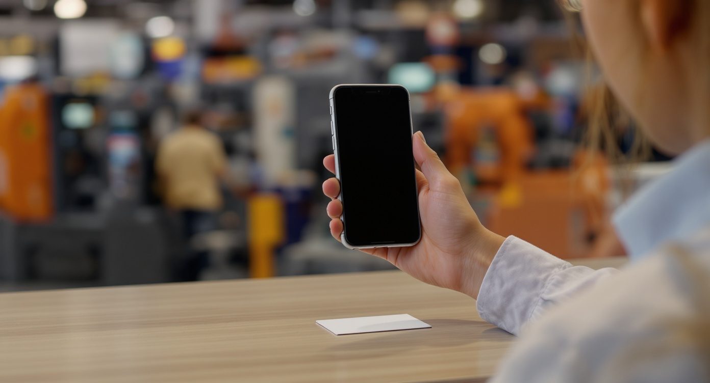 Sur le comptoir d'un stand de salon industriel, une exposante photographie avec son telephone une carte de visite posee devant elle