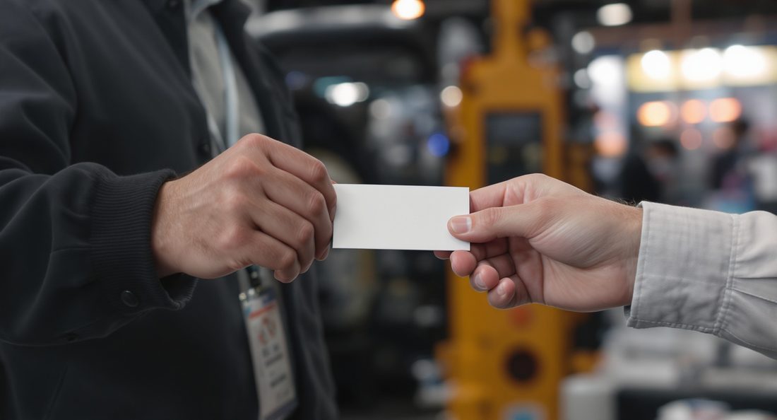 Deux personnes échangeant une carte de visite lors d'un salon industriel, vues au niveau des mains