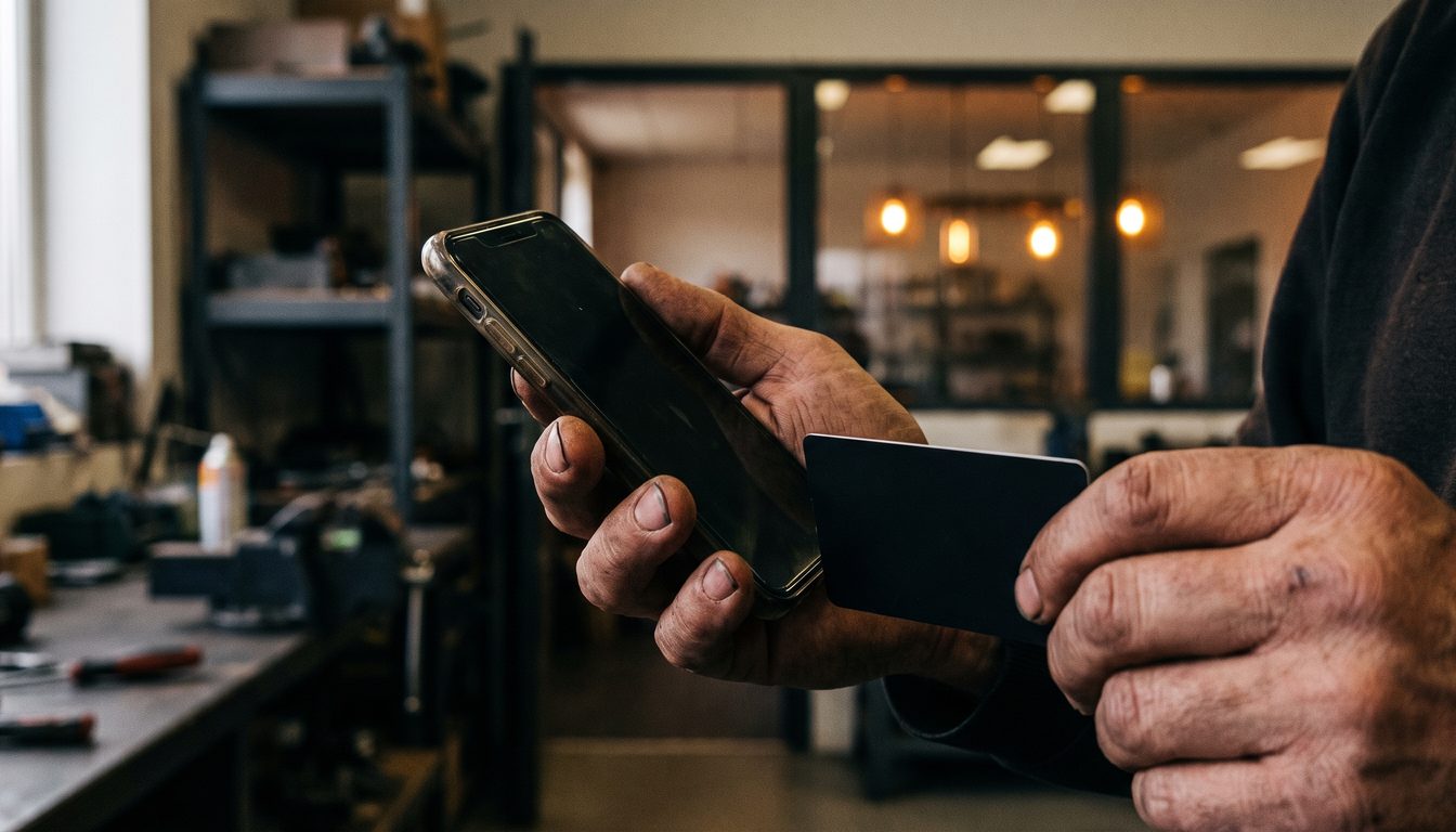 Mains d'un professionnel approchant une carte de visite noire du dos d'un smartphone, dans un atelier industriel