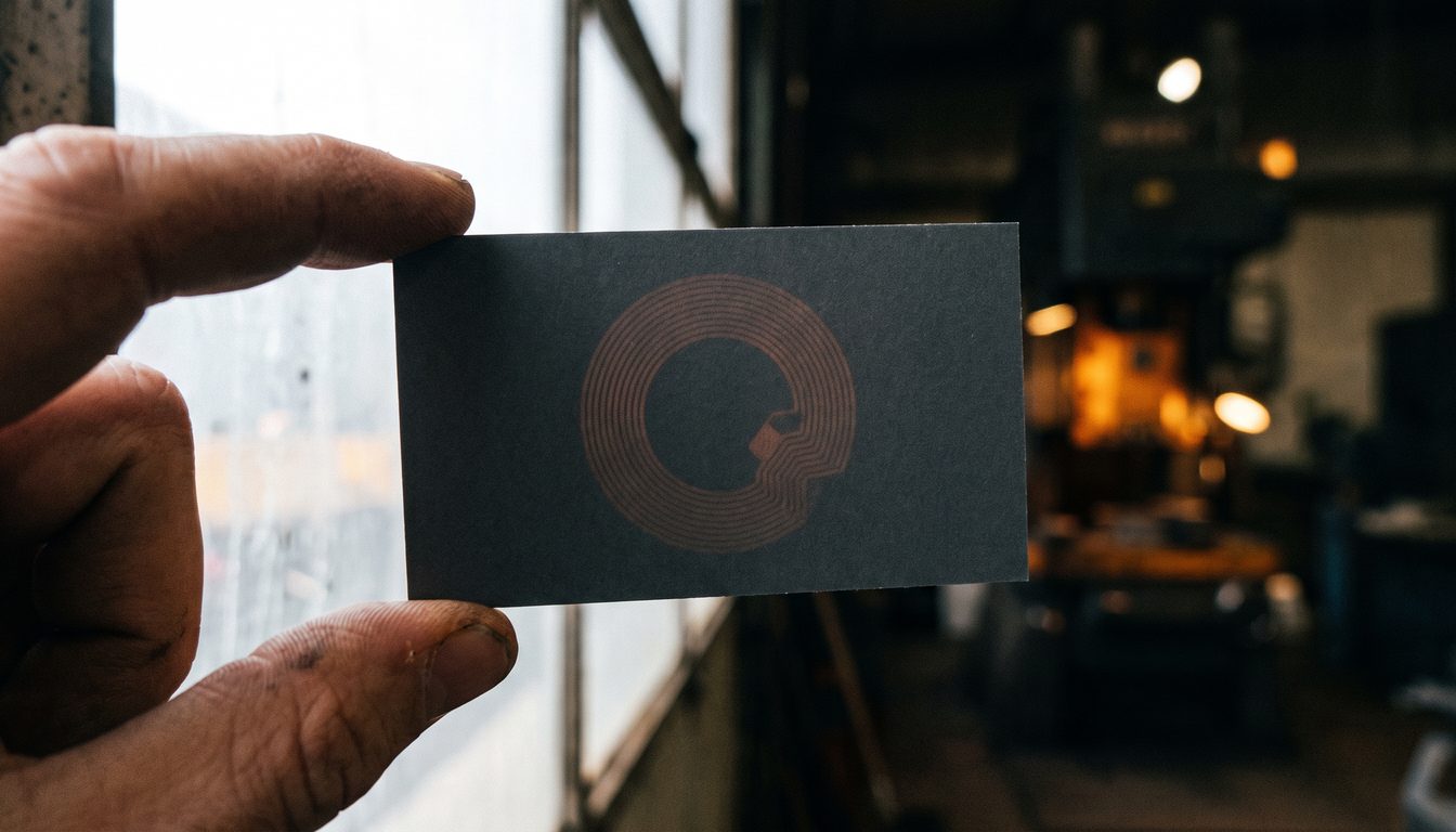 Carte de visite noire tenue à contre-jour, laissant apparaître en transparence la spirale de cuivre de l'antenne NFC