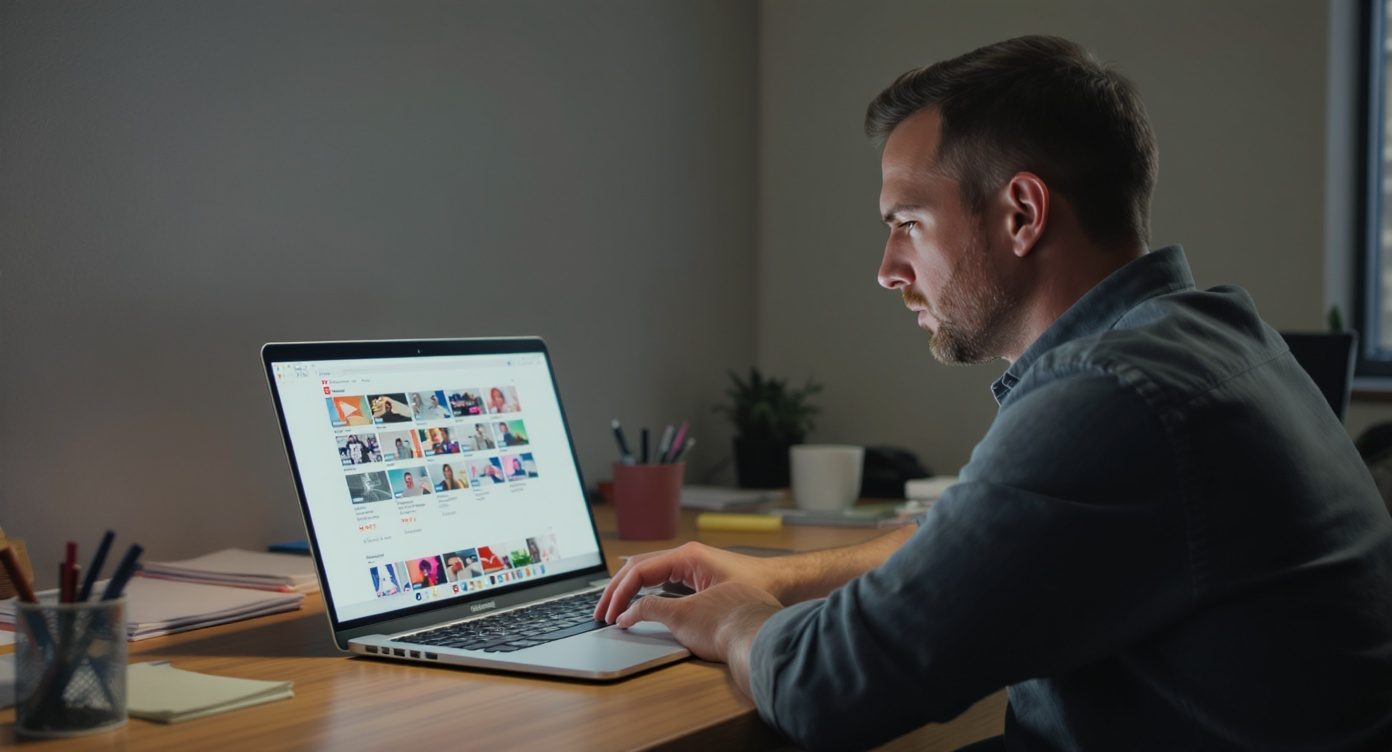 Personne assise seule à un bureau, bras croisés, regard sceptique face à un ordinateur portable affichant une grille de vidéos