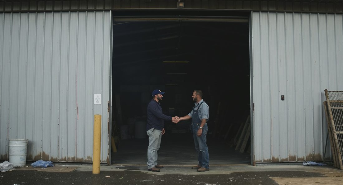 Deux personnes se serrant la main devant un atelier industriel, interaction directe et sincère
