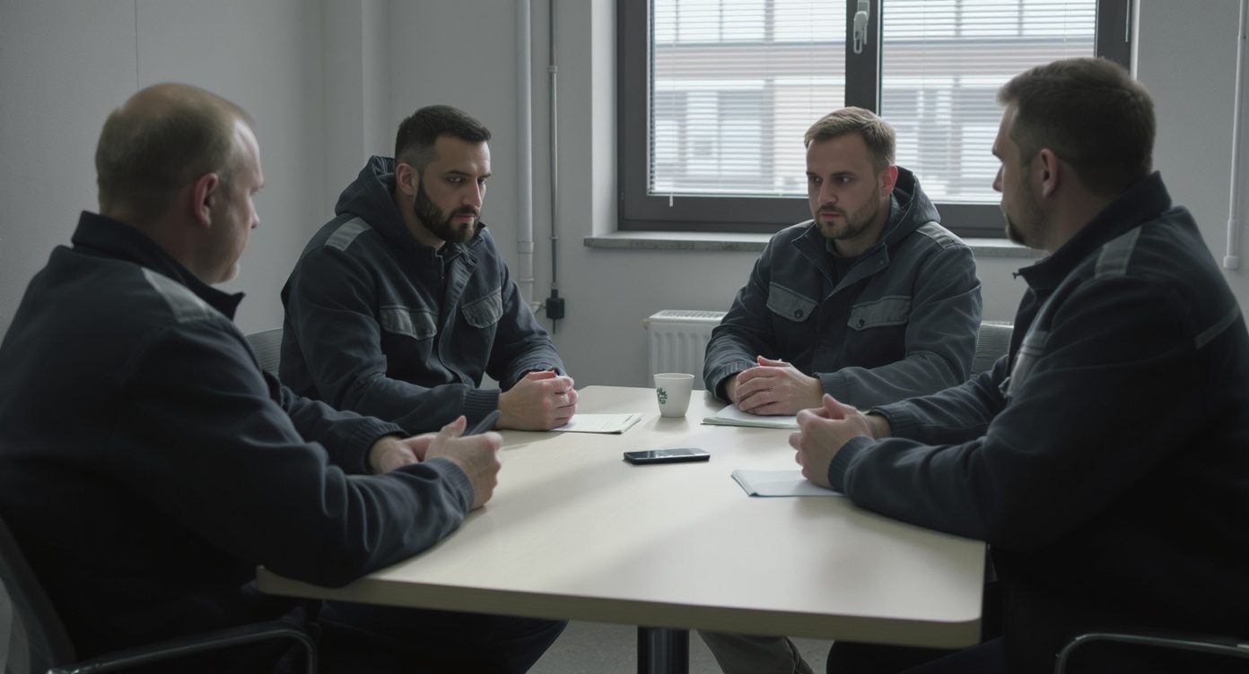 Quatre personnes en réunion autour d'une table avec un smartphone qui enregistre la conversation