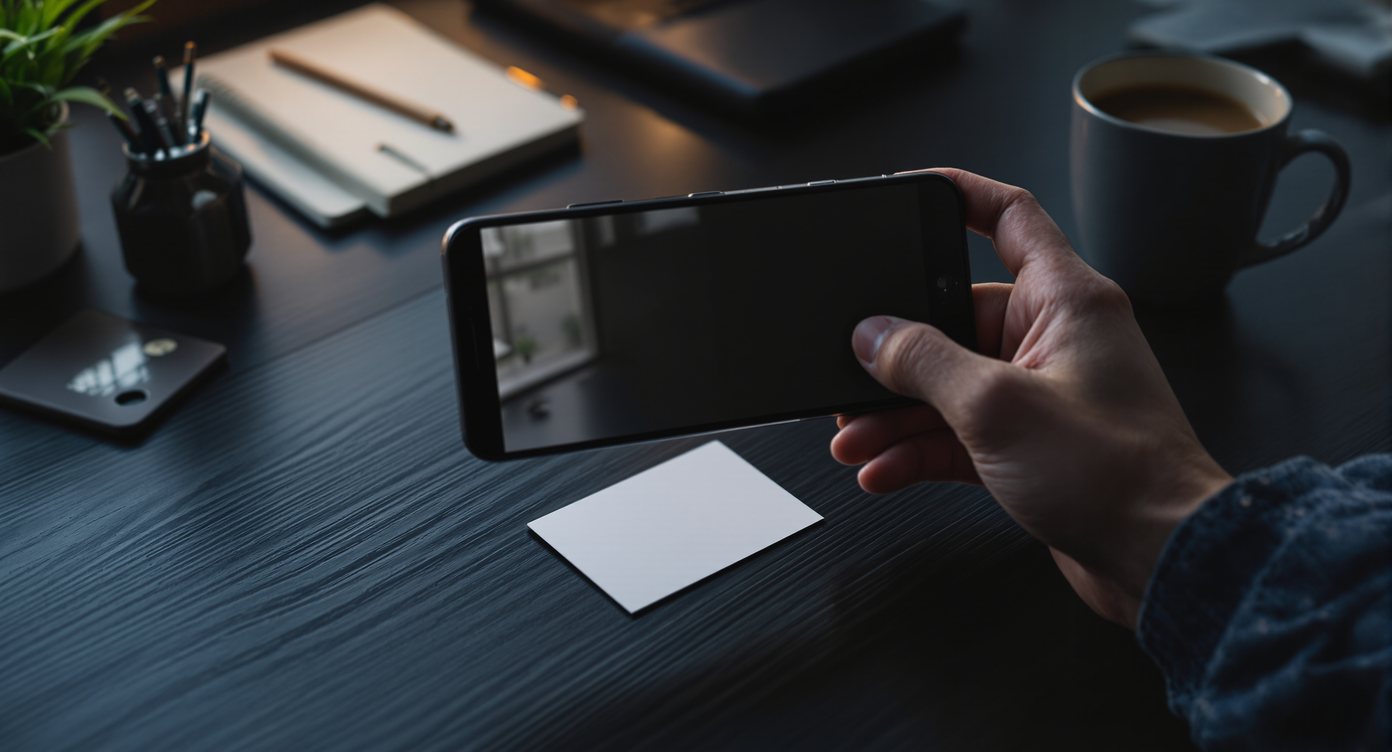 Main tenant un smartphone au-dessus d'une carte de visite vierge posée sur un bureau sombre, le soir