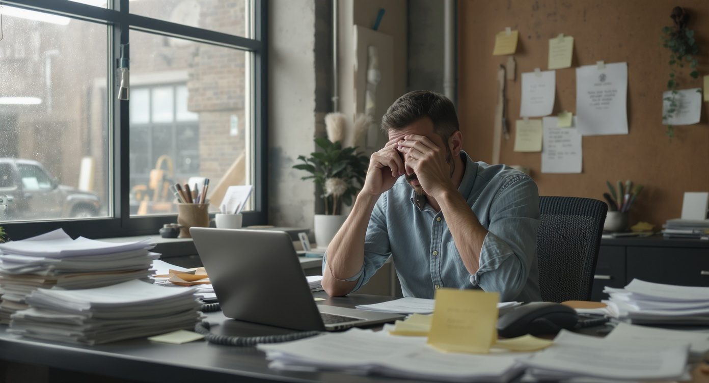 Dirigeant de PME à un bureau encombré avec un ordinateur portable affichant de nombreux onglets ouverts