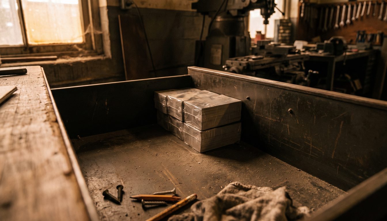 Tiroir d'établi d'atelier contenant des paquets de cartes de visite encore sous film plastique, poussiéreux