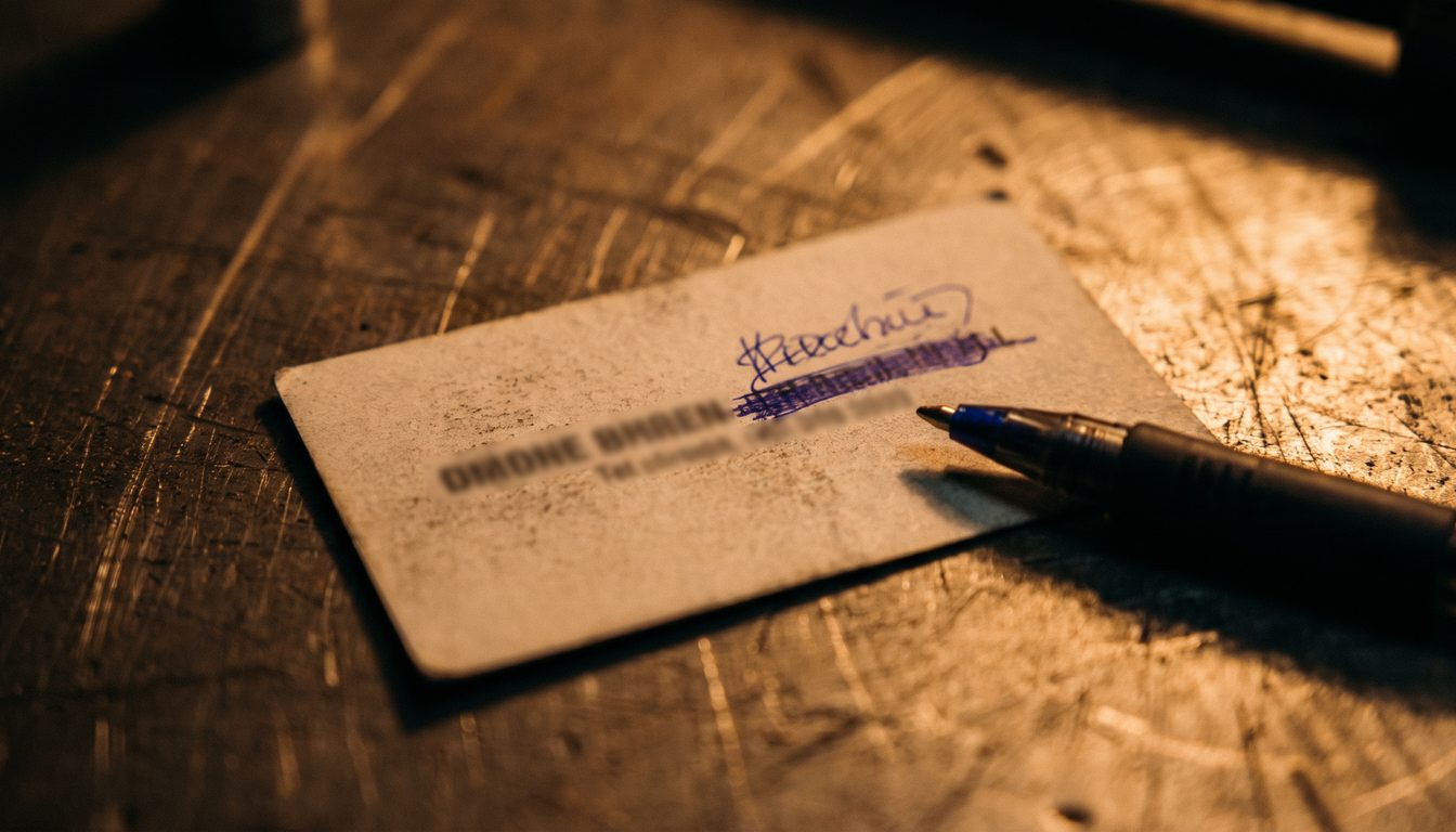 Carte de visite posée sur un établi métallique, une ligne barrée au stylo et corrigée à la main