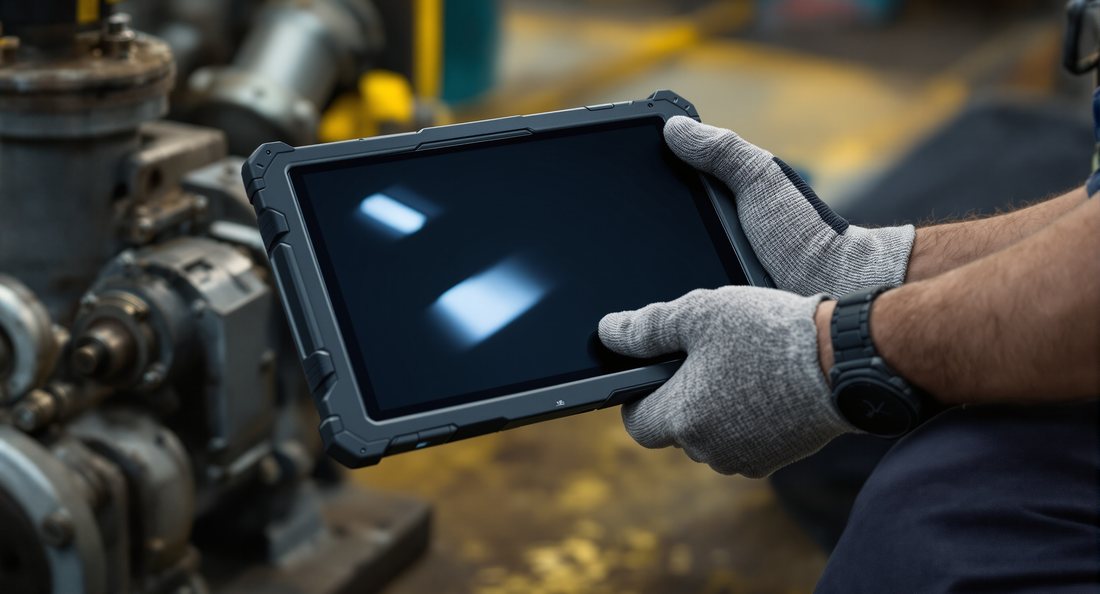 Mains gantées d'un technicien tenant une tablette durcie près d'une pompe industrielle