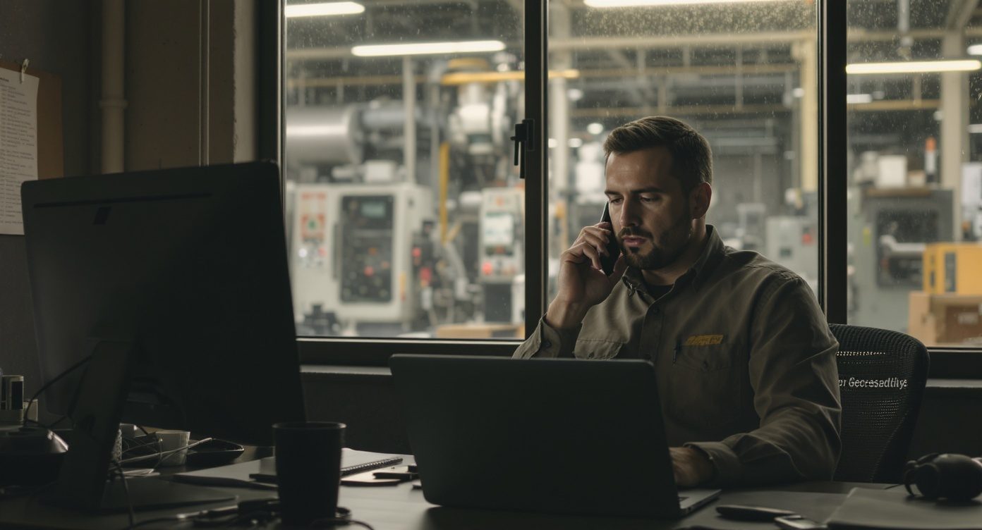 Commercial industriel au téléphone à son bureau, vue sur l'atelier de mécanique en arrière-plan