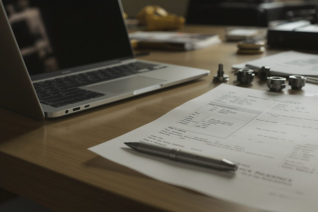 Bureau avec ordinateur portable, devis technique imprimé et pièces métalliques usinées posées à côté