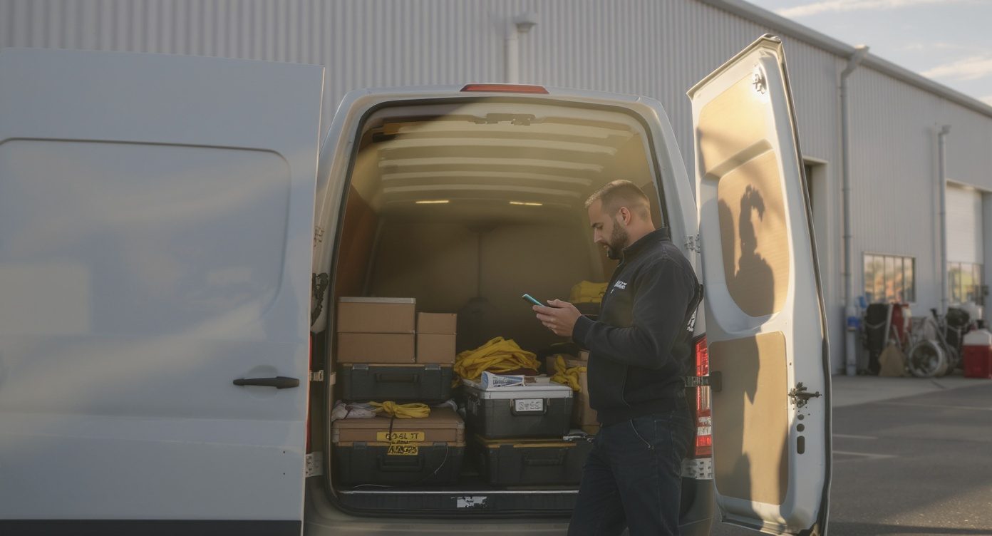 Commercial industriel consultant son smartphone à l'arrière ouvert de son véhicule utilitaire, devant une usine