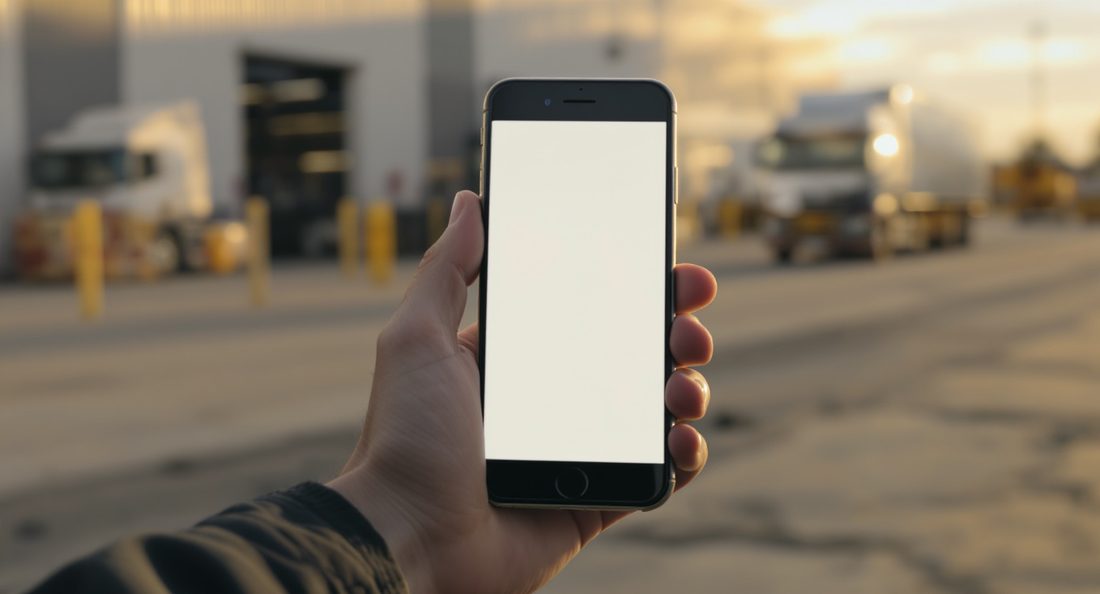 Main tenant un smartphone à l'écran vierge, devant l'entrée d'un site industriel avec des camions en arrière-plan