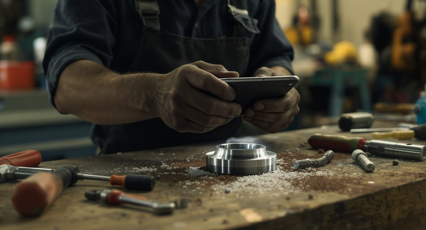 Technicien d'atelier prenant en photo une pièce mécanique terminée avec son smartphone