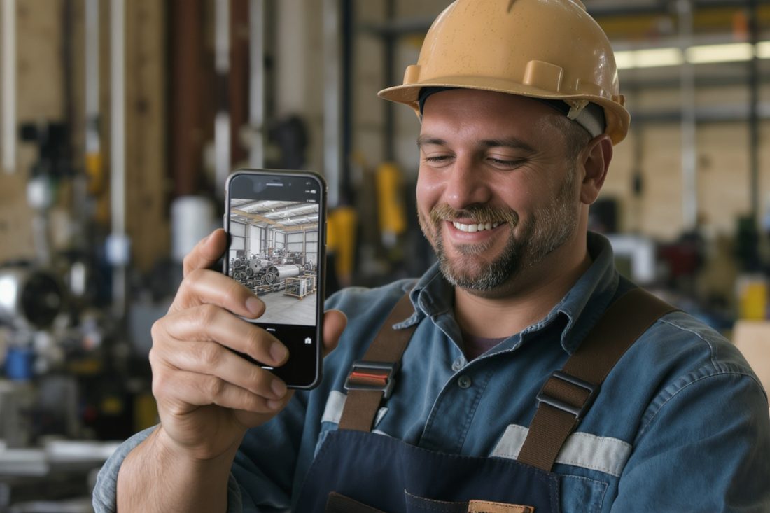 Ouvrier d'atelier montrant fièrement sur son smartphone la photo d'un projet industriel terminé