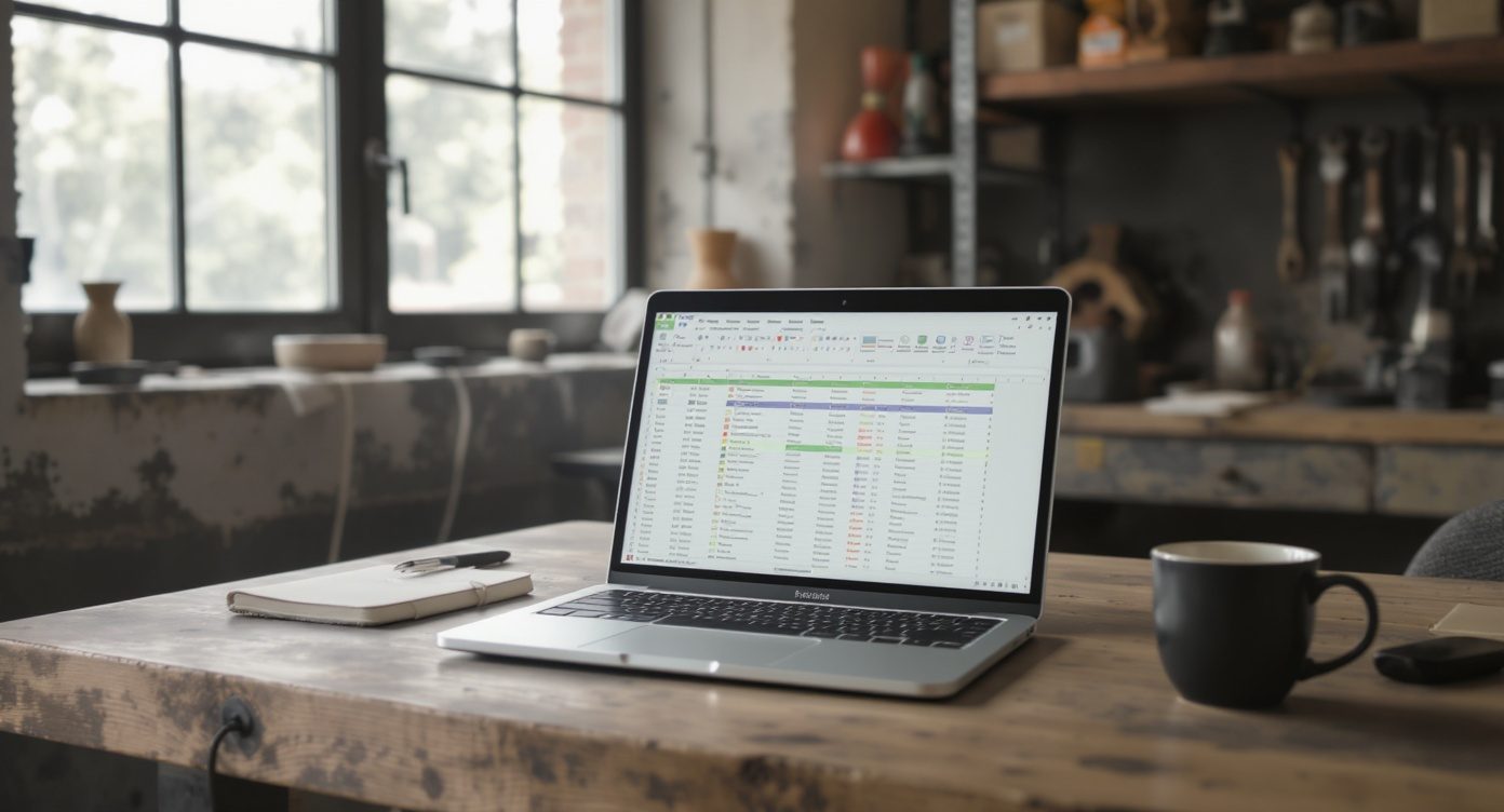 Ordinateur portable ouvert sur un tableur, posé sur un établi en bois dans un atelier industriel