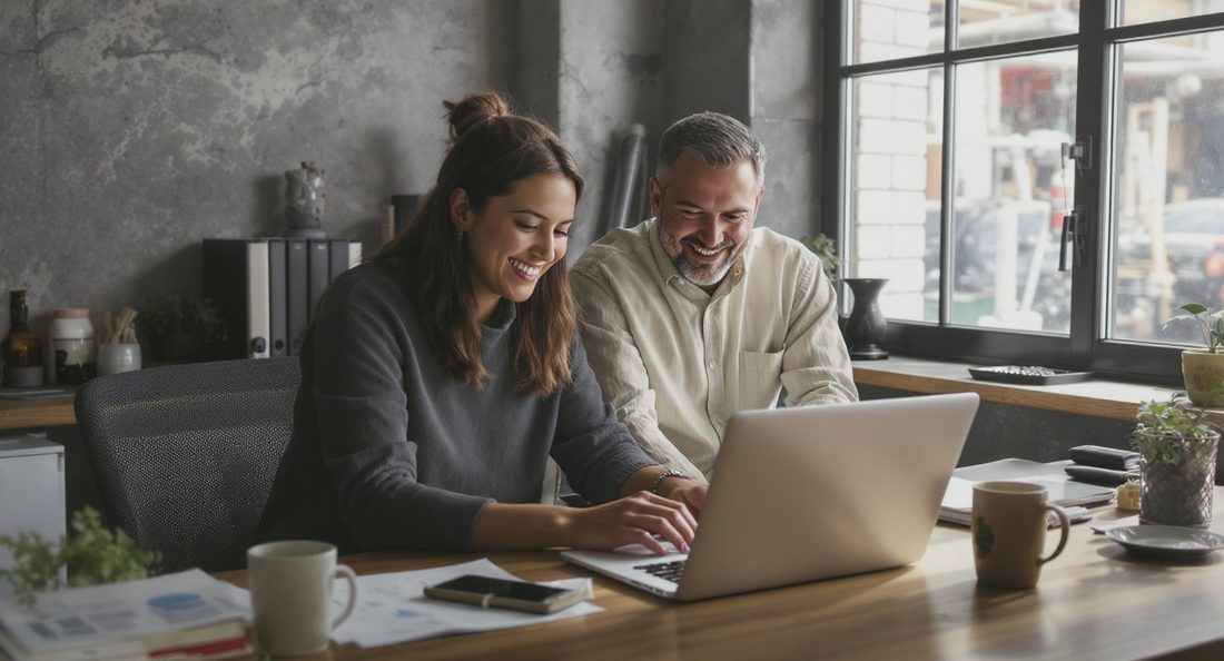 Deux collègues d'une petite entreprise industrielle consultant ensemble un ordinateur portable au bureau