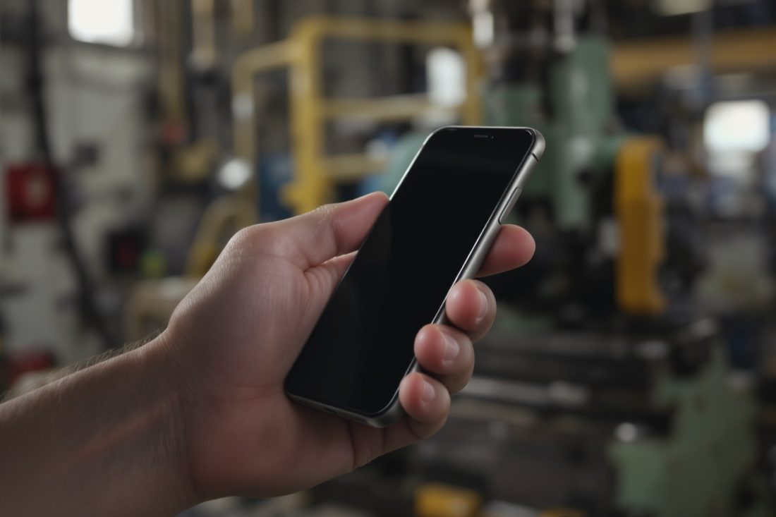 Main tenant un smartphone dans un atelier, en train de dicter une note vocale, machine floue en arrière-plan