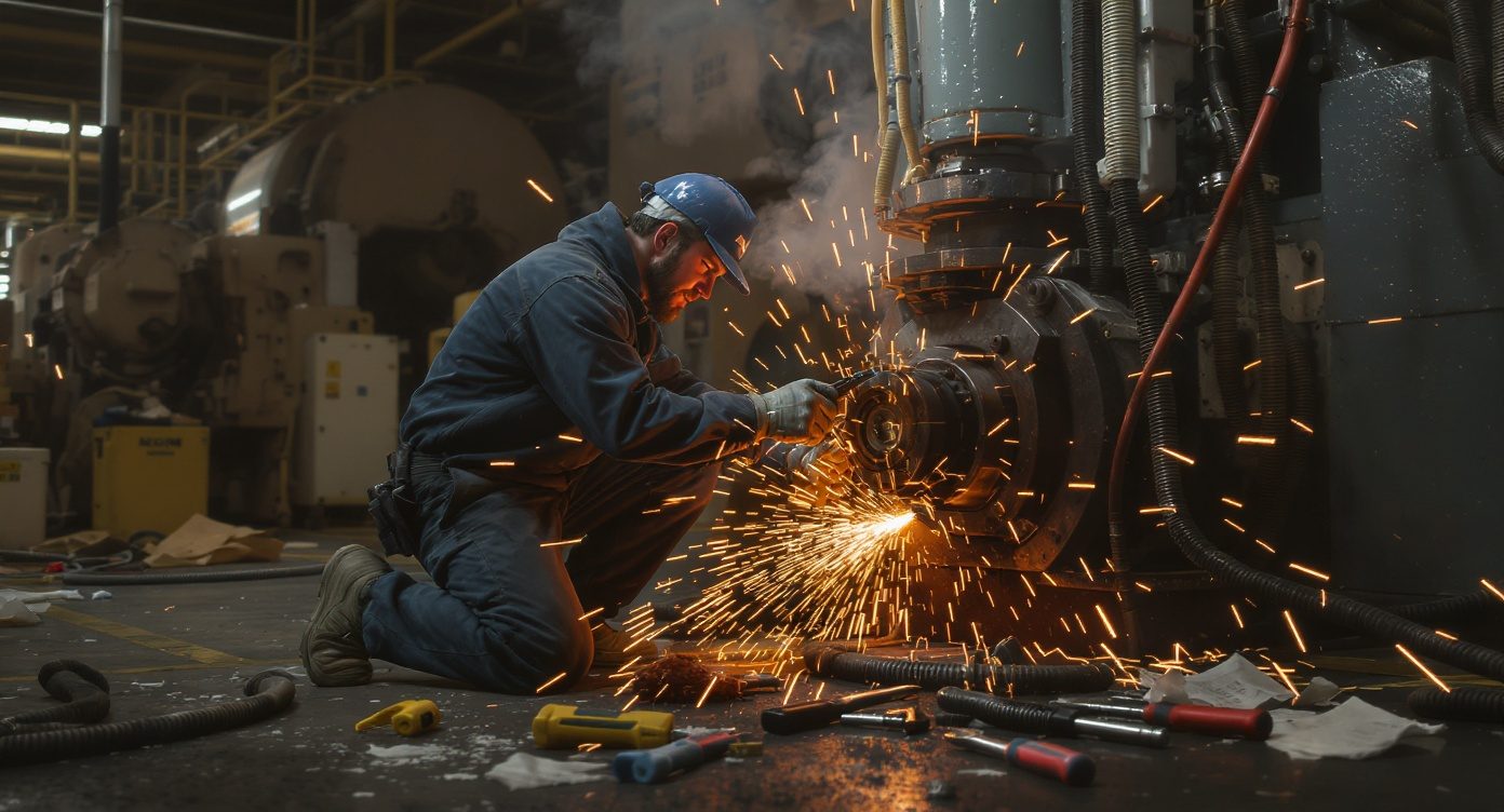 Technicien de maintenance réparant en urgence une machine industrielle, étincelles et outils au sol