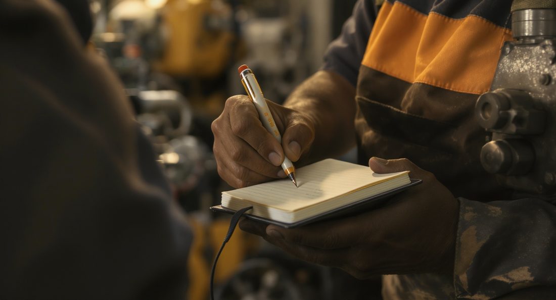 Mains d'un technicien de maintenance notant une observation dans un carnet, atelier industriel flou en arrière-plan