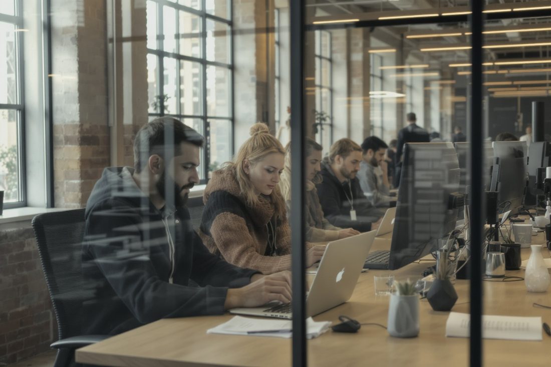 Petite équipe travaillant ensemble sur des ordinateurs portables dans un bureau industriel lumineux, ambiance européenne