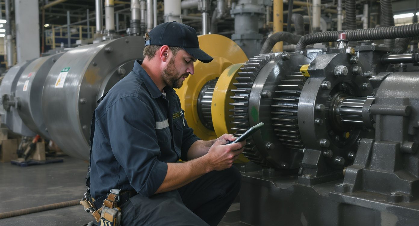 Technicien terrain avec une tablette en train d'inspecter une machine industrielle