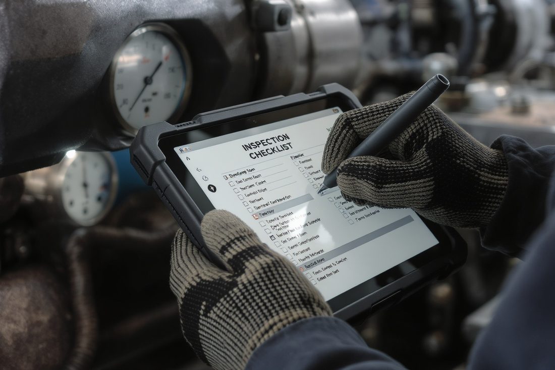Mains gantées d'un technicien remplissant une fiche d'inspection sur une tablette durcie près d'une machine industrielle