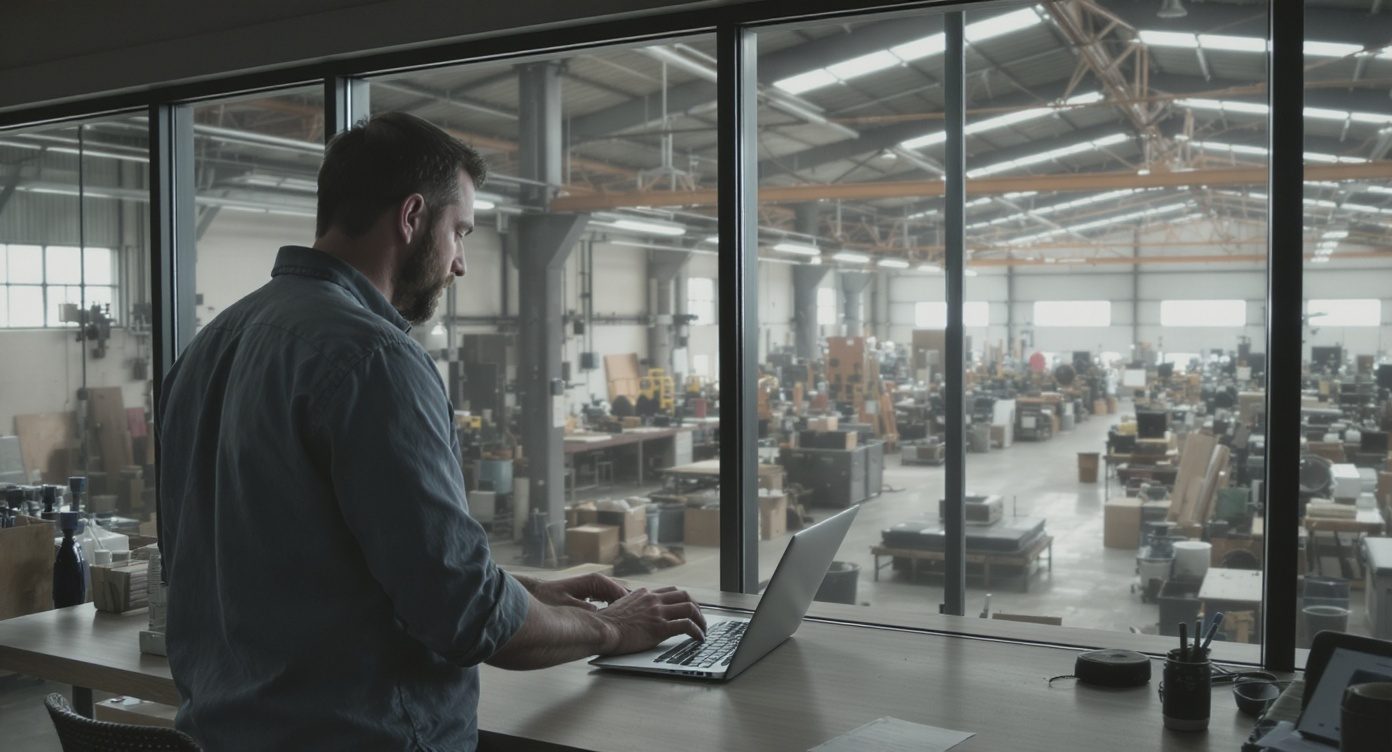 Dirigeant d'une PME industrielle consultant un ordinateur et une tablette dans son bureau donnant sur l'atelier