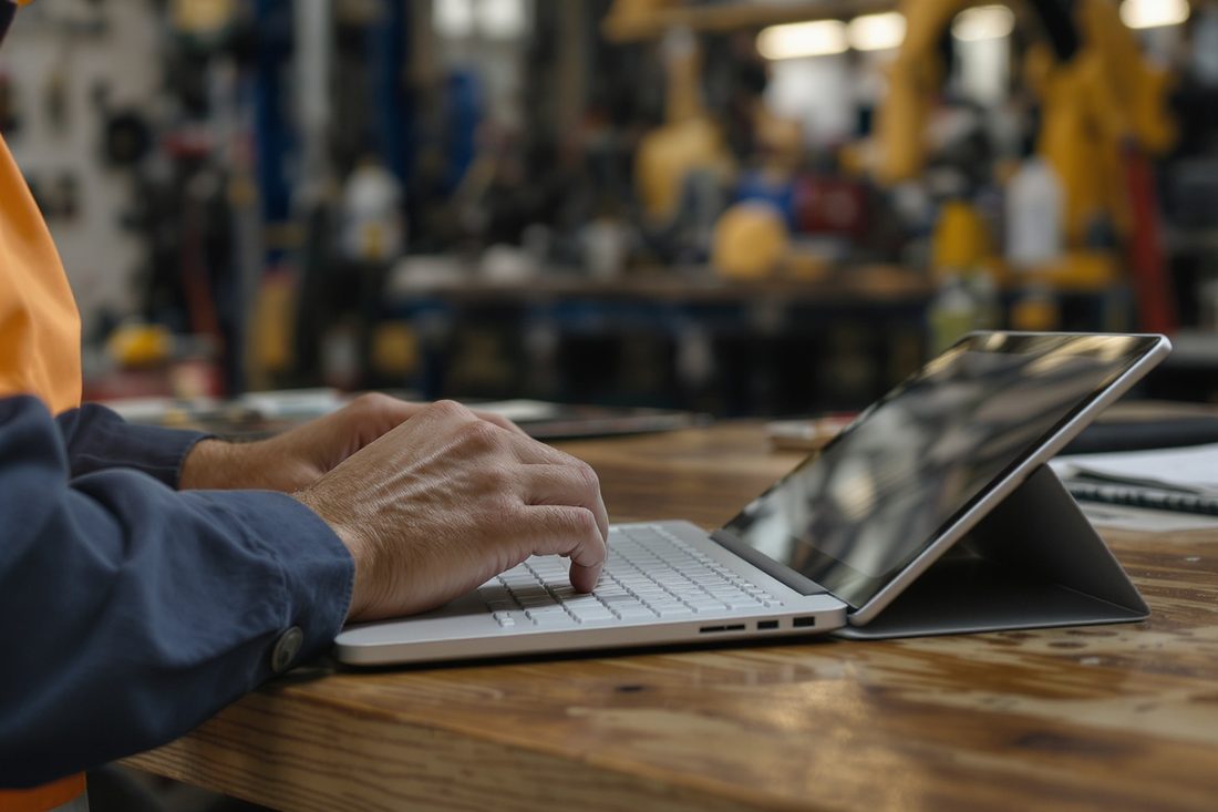 Mains d'un dirigeant de PME industrielle utilisant un ordinateur portable et une tablette côte à côte sur un bureau, atelier en arrière-plan