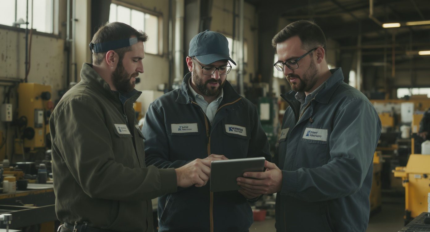 Petite équipe de trois personnes réunies autour d'une tablette dans un atelier industriel