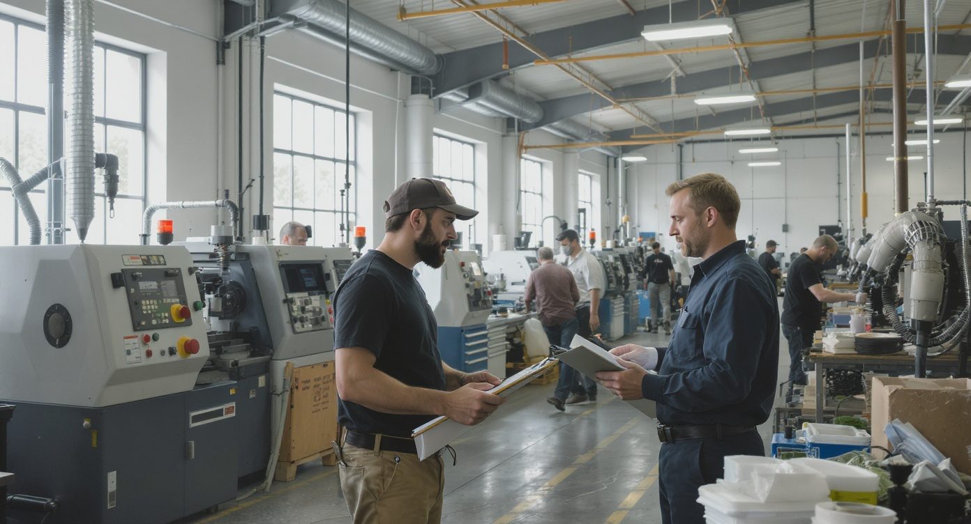 Bureau clair avec ordinateur portable ouvert, ambiance de petite entreprise industrielle organisée