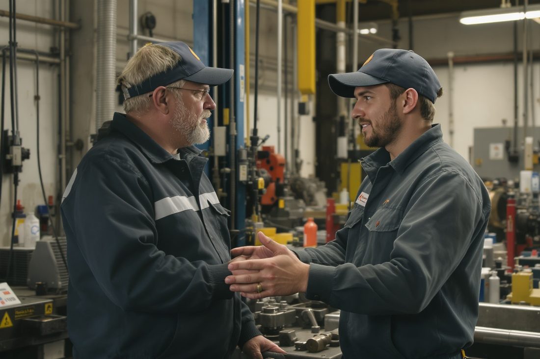 Manager expérimenté accueillant et guidant un jeune technicien nouvellement recruté dans un atelier mécanique