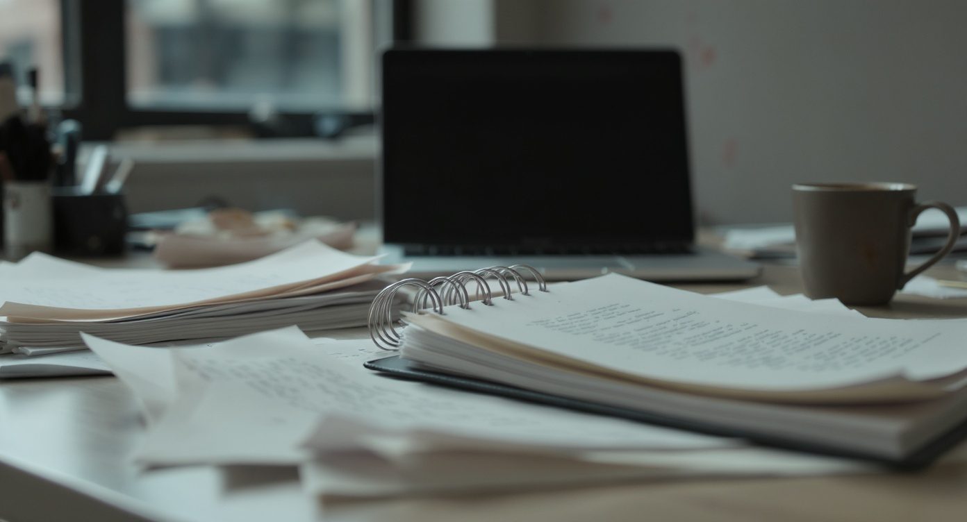 Ordinateur portable flou en arrière-plan sur un bureau encombré de papiers, ambiance d'outil délaissé