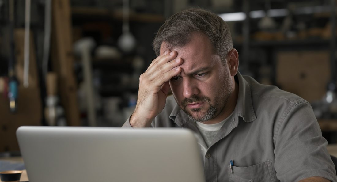 Dirigeant d'une petite entreprise industrielle se massant le front avec frustration devant son ordinateur portable
