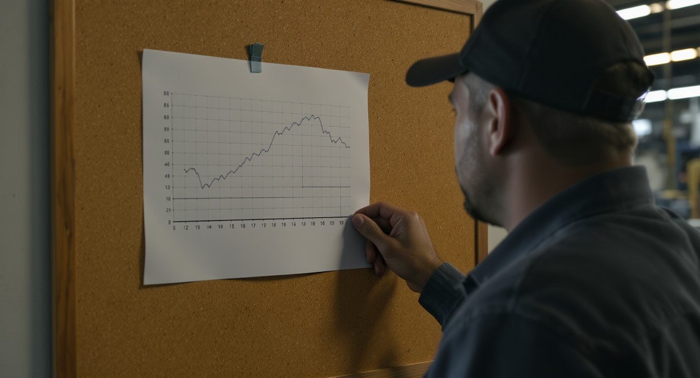 Responsable maintenance consultant un graphique imprimé épinglé sur un panneau en liège, atelier industriel en arrière-plan