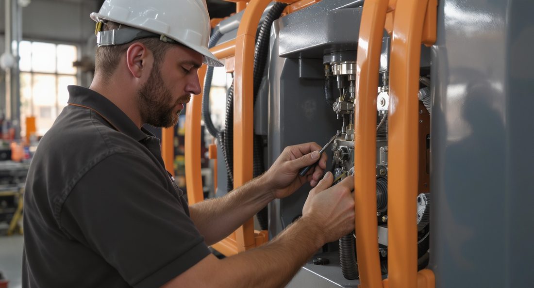 Technicien de maintenance effectuant calmement une opération de maintenance préventive planifiée sur une machine industrielle