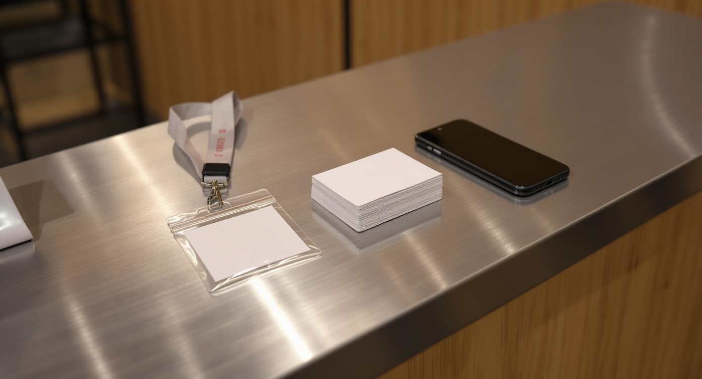 Comptoir de stand de salon industriel avec un badge visiteur sur son cordon, une pile de cartes de visite vierges et un smartphone pose face contre table