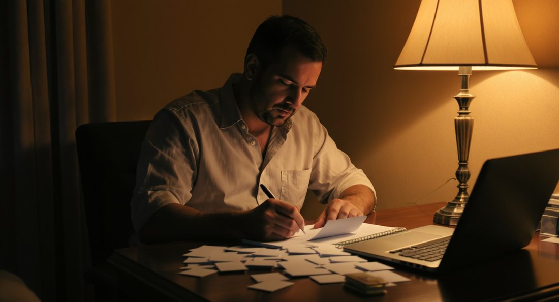 Exposant recopiant à la main les informations de cartes de visite étalées sur le bureau d'une chambre d'hôtel, tard le soir