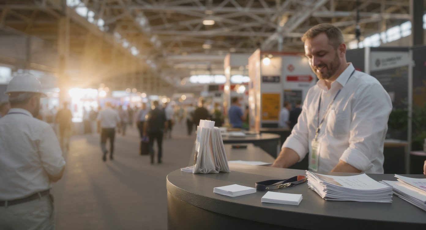 Fin de journee sur un salon industriel : un exposant range sa documentation derriere le comptoir de son stand, une pile de cartes de visite posee devant lui