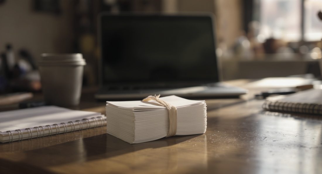 Paquet de cartes de visite maintenu par un élastique, posé sur un bureau à côté d'un carnet et d'un café froid, plusieurs jours après un salon