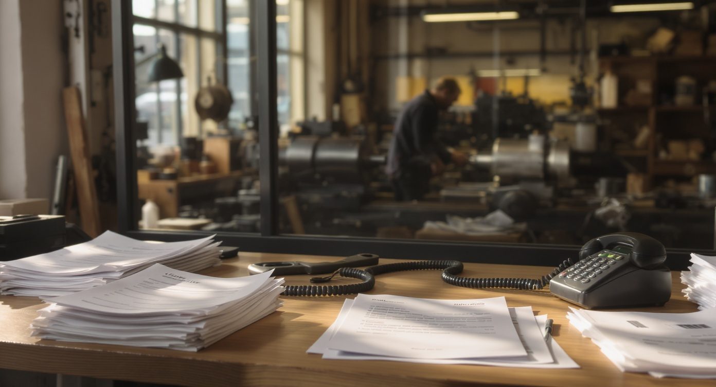 Bureau d'atelier avec des devis empilés et un téléphone, pendant que le dirigeant travaille sur un tour à métaux derrière la vitre