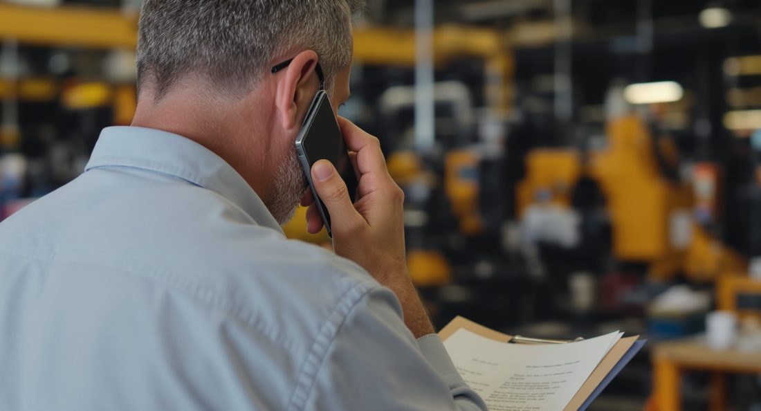 Responsable commercial industriel passant un appel de relance depuis l'atelier, dossier client en main