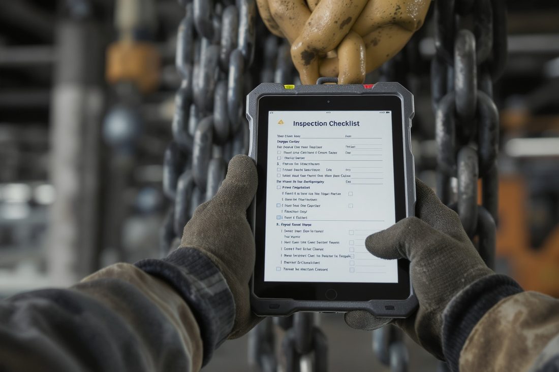 Main gantée tenant une tablette durcie avec une checklist d'inspection devant un crochet de levage industriel