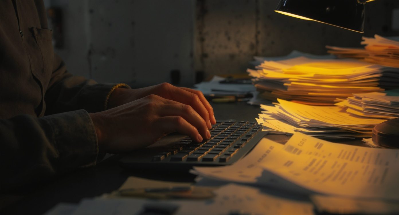 Mains fatiguées tapant sur un clavier en fin de journée, à côté d'une pile de bons de commande imprimés
