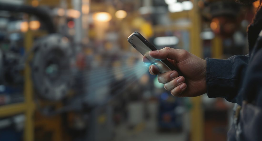 Main d'un technicien tapant rapidement sur un smartphone près d'une machine industrielle