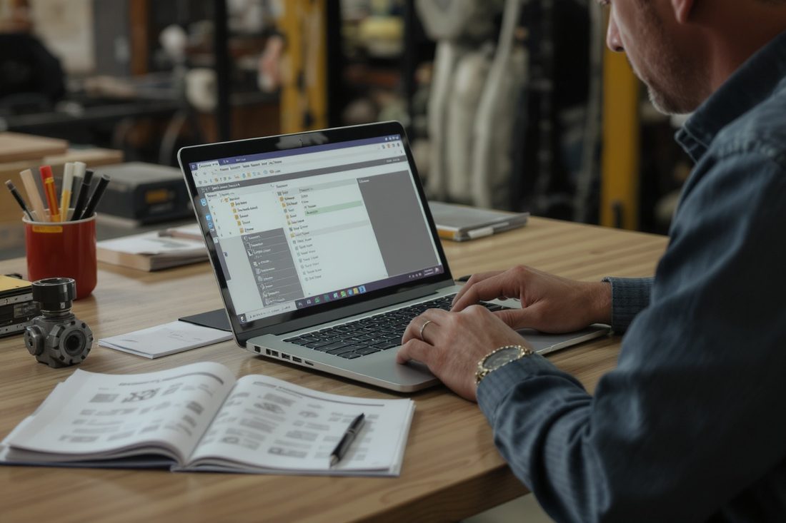 Commercial industriel à son bureau organisant ses dossiers clients, catalogue de pièces et composant usiné posés à côté