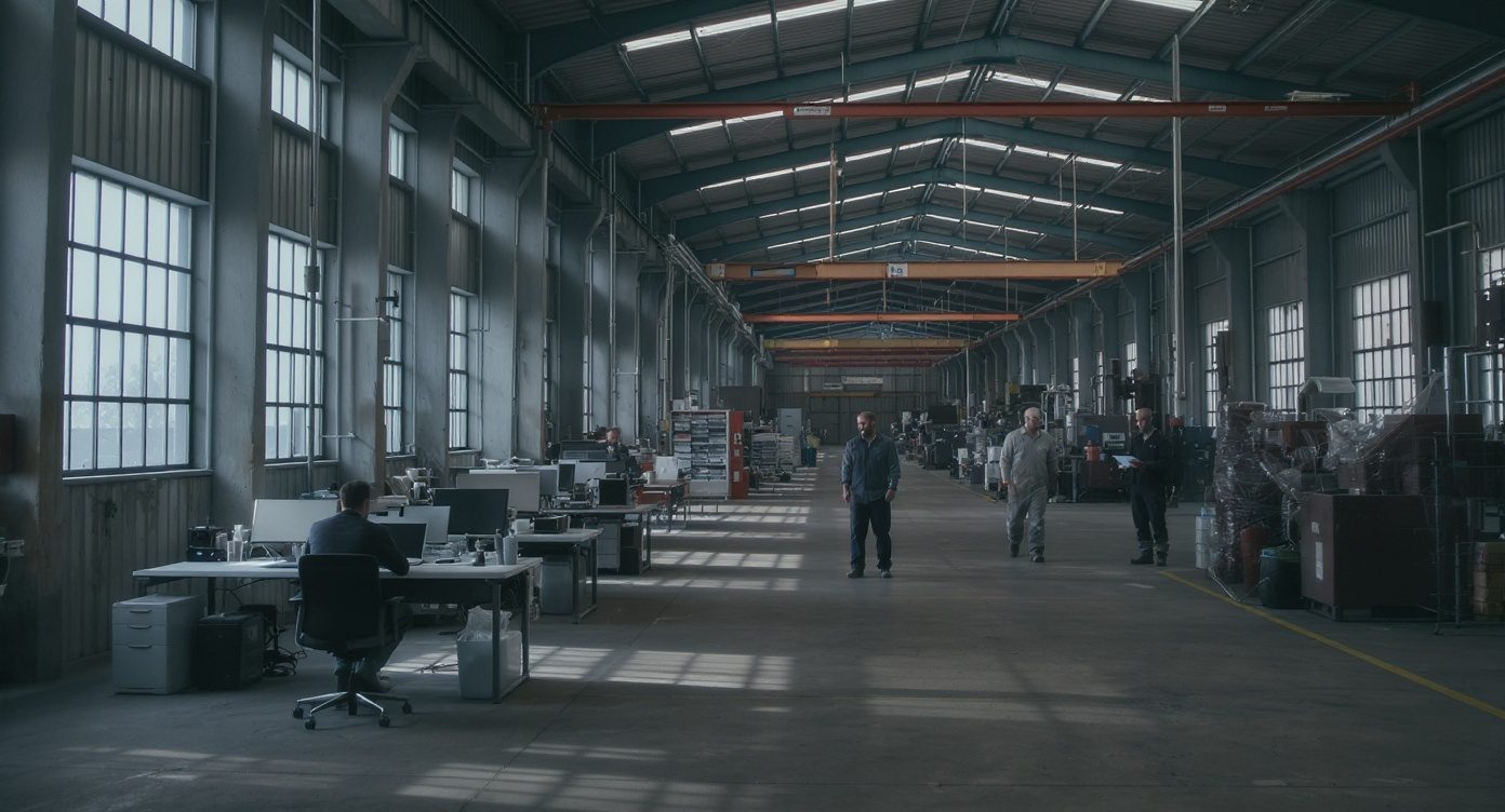 Vue d'un même atelier industriel avec d'un côté un commercial à son bureau, de l'autre un technicien qui inspecte une machine